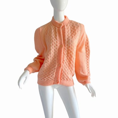 70s Pink Crochet Knit Cardigan Sweater / Vintage Metallic Macrame Cardigan/ 1970s Hand knit Peach Sweater Large 