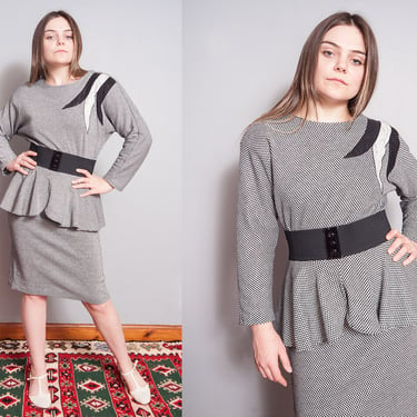 Vintage 1980's | Black & White | Checkered | Peplum | Dress | M 