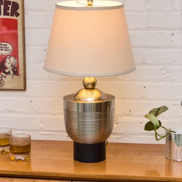 Brushed Metal Ribbed Table Lamp with Classic Linen Shade