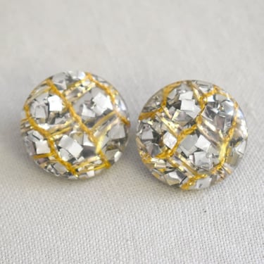 1960s Silver Confetti Lucite Clip Earrings 