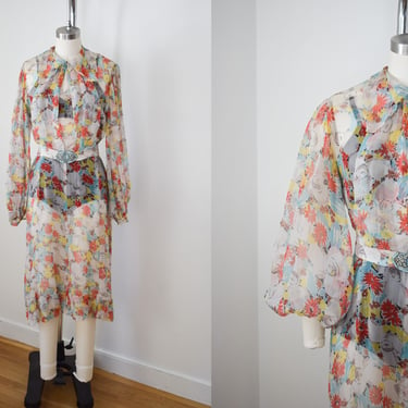 Vintage 1930s Tissue Silk Balloon Sleeve Dress | S | Antique 30s Chiffon Dress with Floral Print and Balloon Bishop Sleeves 