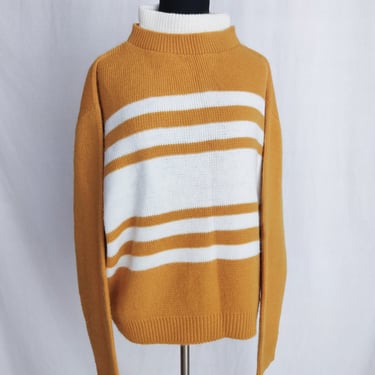 Vintage Mustard Yellow Wool Blend Sweater // Pullover Striped Mock Neck Layered 