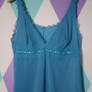 Vintage Aqua Blue Sheer Slip Dress with Ornate Lace Trim