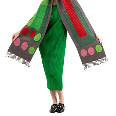 1990S Issey Miyake Grey & Green Wool Blend Scarf Pleated With Felted Geometric Shapes 