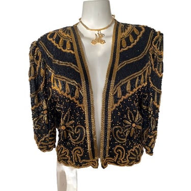 90's Vintage gold sequin top, bolero jacket, women's tuxedo jacket, sequin lace jacket w/ butler tail, black tie cocktail blouse small s 