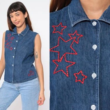 90s Denim Star Shirt Sleeveless Embroidered Button Up Tank Top Geometric Celestial Blouse Grunge Jean Shirt Vintage Blue Red 1990s Medium 