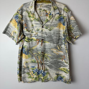 Vtg Hawaiian shirt~ 100% cotton w coconut shell buttons~ Hawaii Vibes classic summer short sleeve shirts men waves Surfer print~ Tiki / LG 