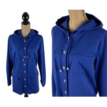 Royal Blue Cotton Chore Coat Large XL, Multiple Pocket Utility Field Jacket with Hood, Casual Clothes Women, Vintage 90s Y2K Clothing 