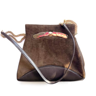 Vintage Brown Suede and Faux Leather Manon Handbag, Shoulder Strap with Gold Chain, Vintage Purse, Chocolate Brown Bag 