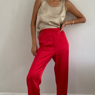 90s silk charmeuse pants / vintage red liquid silk charmeuse pull on elastic waist easy lounge pajama pants | L XL 