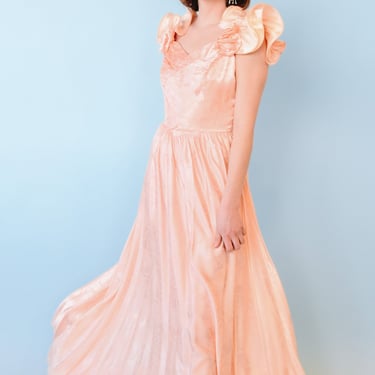 1970s Peach Floral Maxi Dress, sz. S
