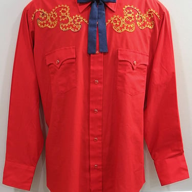 Champion Westerns Vintage Men's Cowboy & Rodeo Shirt, Bright Red with Gold Embroidery, Tag  Size 17-34,  Approx. XLarge (see meas. photo) 