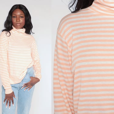 Striped Turtleneck Shirt 80s Long Sleeve Top Retro Basic Hipster Turtle Neck Pullover Simple Casual Blouse White Peach Vintage 1980s Large L 