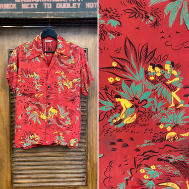 Vintage 1940’s Cartoon Natives Tropical Tiki Rayon Hawaiian Shirt, 40’s Loop Collar, Vintage Clothing 