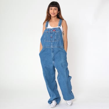 Dickies Overalls 38 x 32 Y2K Utility Hammer Loop Blue Denim Bib Pants Dungarees Workwear Jean Carpenter Retro Vintage 00s Men's Medium 