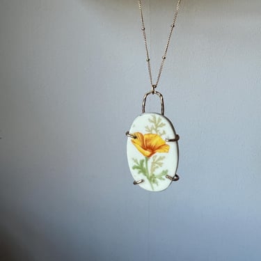 Flower Pendant- Made from Broken China from Santa Fe Dining Car- in handmade 14k goldfilled prongs on long goldfilled chain 