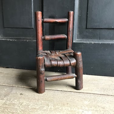 19th C Doll Furniture, Chair, Americana Folk Art, Ladder Back, Miniature Wooden Chair, Woven Slat Seat, Primitive, KH 