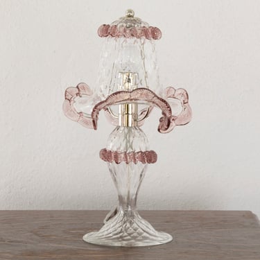 Clear Murano glass table lamp with artistic burgundy amethyst decoration, handmade Made in Italy 