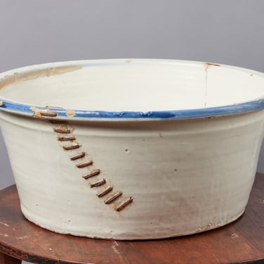 Very Large Spanish 18th Century Blue & White Faience Kitchen Bowl with Early Staple Repair