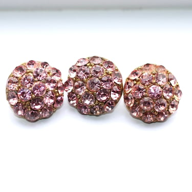 Vintage Sparkly Pink Glass Rhinestone Gilded Dome Buttons - Matching Set of Three - 1950s 