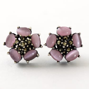80's 925 silver pink cats eye marcasite floral studs, edgy sterling chatoyant glass pyrite flower earrings 