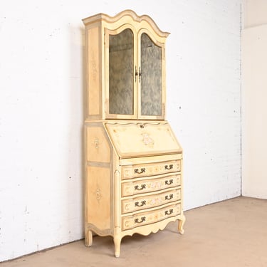 Maddox French Provincial Louis XV Hand Painted Secretary Desk With Mirrored Bookcase Hutch Top