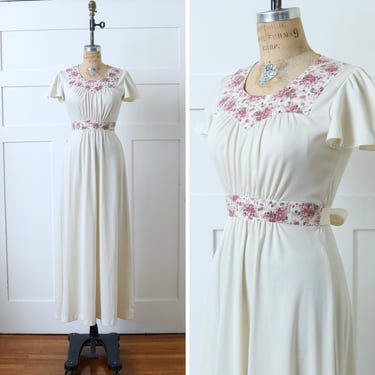 vintage 1970s boho maxi dress • prairie style full length flutter sleeve pink & cream calico floral dress 
