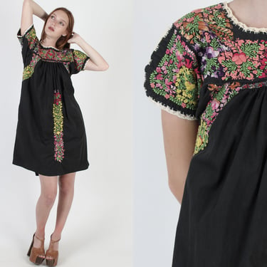 Black Oaxacan Mini Dress / Colorful Floral Mexican Embroidered Dress / Womens San Antonio Cotton Dress / Made In Mexico Frida Dress 