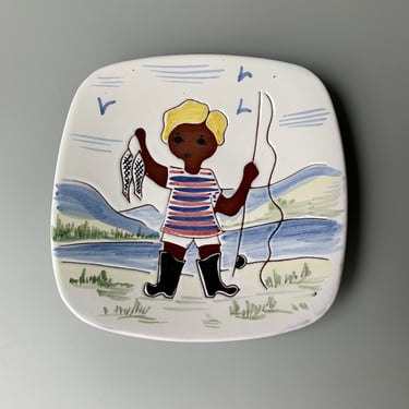 Graveren Norsk Pottery Child with Fishing Rod Square Plate 