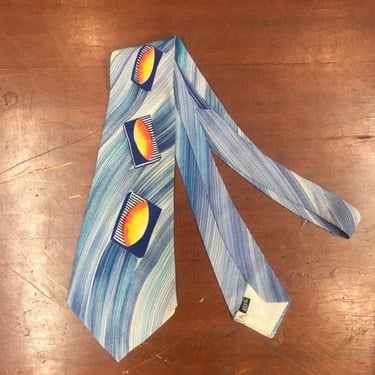 Vintage 1950s Blue and Yellow Handpainted Rockabilly Swing Tie, 1940s Tie, 1950s Tie, Vintage Shirt, Vintage Tie, Vintage Clothing 