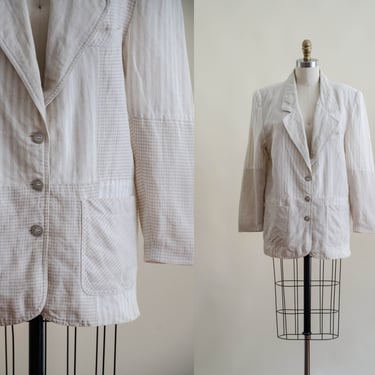 beige linen blazer | 80s vintage beige white gingham plaid striped natural oatmeal oversized linen jacket 