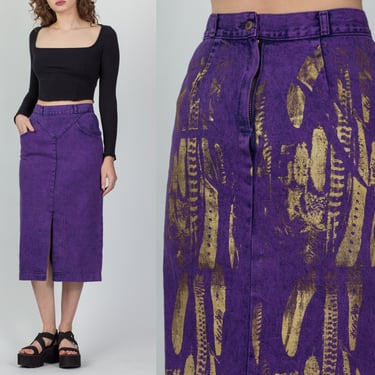 80s Purple Denim High Waisted Midi Skirt - Small, 27