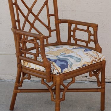 Four 4 Authentic Marked Lexington Rattan Rawhide Chinoiserie Fretwork Arm Chairs 