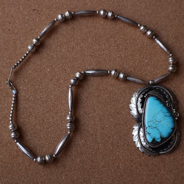 Large Turquoise Necklace / Vintage Navajo Sterling Jewelry / Southwest Sterling Bead and Big Turquoise Pendant 
