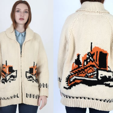 50s Tractor Cowichan Sweater, Ivory Chunky Hand Knit Wool, Snow Plow Print 1960s Rockabilly Cardigan, Vintage 1950's Shawl Collar Jacket 