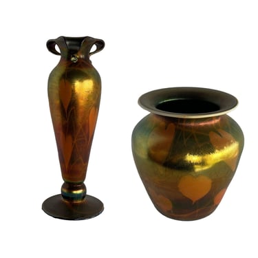 Rare Early 20th Iridescent Handblown Heart & Vine Vase Set by Imperial 