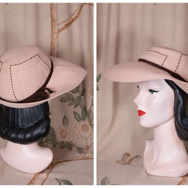 1940s Hat - Size 22 - Fantastic Soft Wool Felt Fedora in Soft Tan with Brown Top Stitching and Grosgrain by Brewster New York 