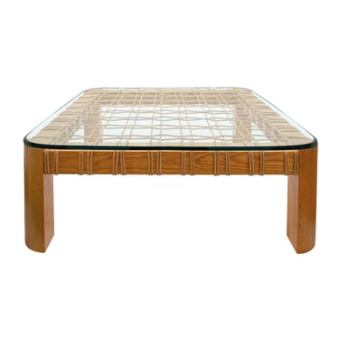 Karl Springer Rare and Impressive "Dowelwood Coffee Table" With Woven Rattan 1980s