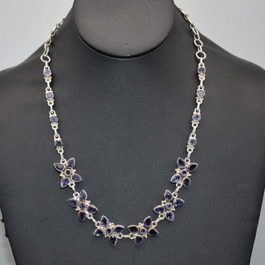 70's sterling iolite romantic floral bib, blue purple stones 925 silver hippie flowers necklace 