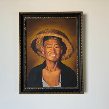 70's Vintage Oil Portrait Painting Of Chinese Man With Hat 
