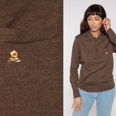 Knit Polo Sweater 80s Brown FLOWER Embroidered Pocket Wool Blend Collared Button Up Pullover 1980s Vintage Knitwear Retro Nerd Mens Medium M 