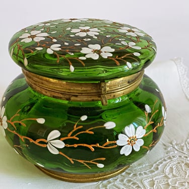 Antique Victorian green glass powder box jar, Enameled Bohemian glass dresser jewelry box with hinged lid & brass fittings 