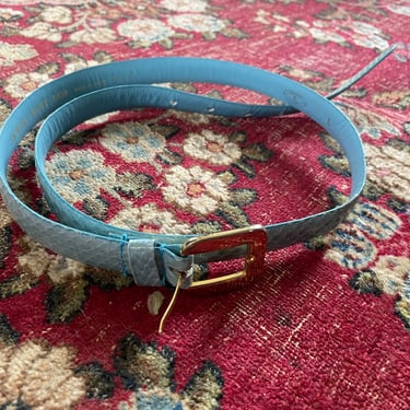 Vintage ‘70s ‘80s pale aqua blue genuine snakeskin belt with gold buckle, M/L 