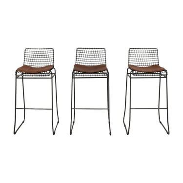 #1565 Set of 3 Handcrafted Iron &amp; Brass Bar Stools