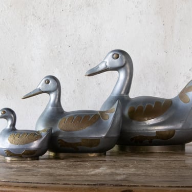 Vintage Duck Family, Set of Three Pewter and Brass Duck Trinket Boxes, Ducks in a Row 