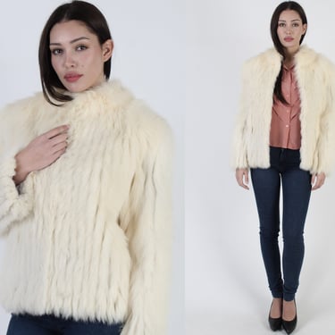1980s Cream Arctic Fox Fur Coat, Vintage Suede Panel Corded Apres Ski Parka, Winter Real Chubby Short Jacket 