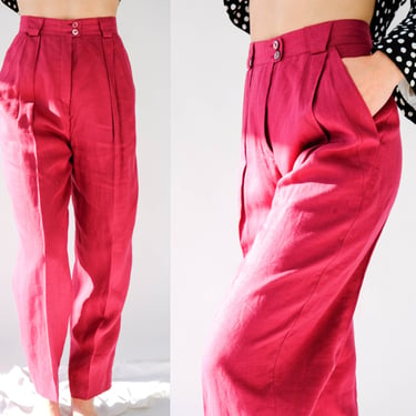 Vintage 80s Escada Cranberry Linen Pleated High Waisted Tapered Leg Pants | Made in W. Germany | 100% Linen | 1980s Escada Designer Slacks 