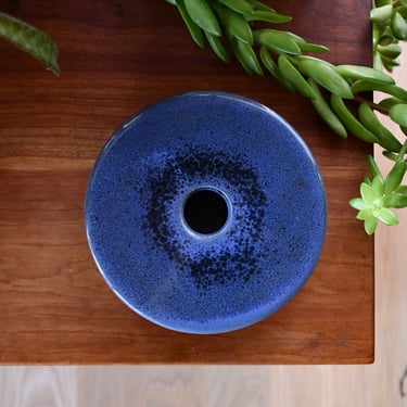 Vintage Blue Black Glazed Round Disk Ikebana Ceramic Pottery Vase with Iron Insert, Signed, ca. 1990's 