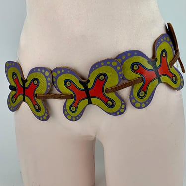 1960's Butterfly Belt - Haight Ashbury Hippie - Colorful Hand Painted Leather - Suede Draw Strings - Women's Small to Medium 