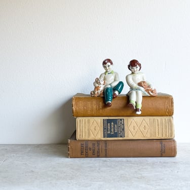 Ceramic Arts 1940s Shelf Sitters Boy with Dog Girl with Cat Set of Two 